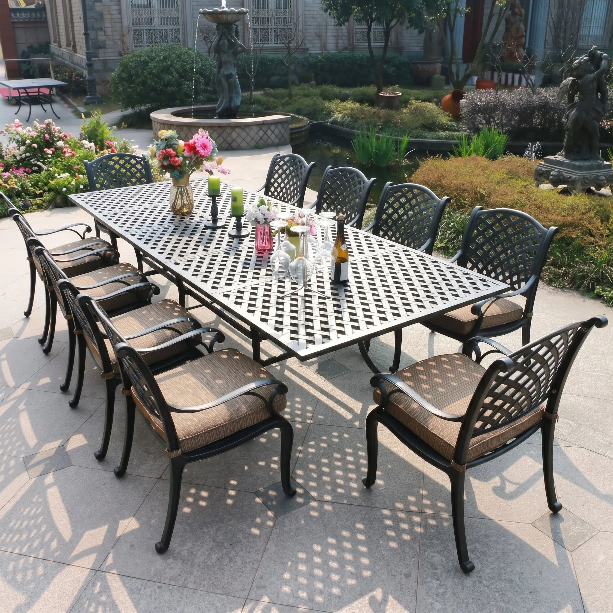 11-Piece Cushioned Aluminum Dining Set, Extension Table with 10 Arm Chairs