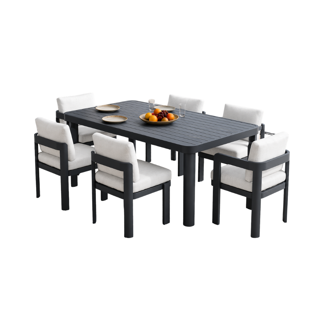 7PCS Dining Set - Aluminum frame, powder coating finish, olefin fabric cushions / SKU: F30US-2 / 20 Sets / $1,123.50 FOB CA