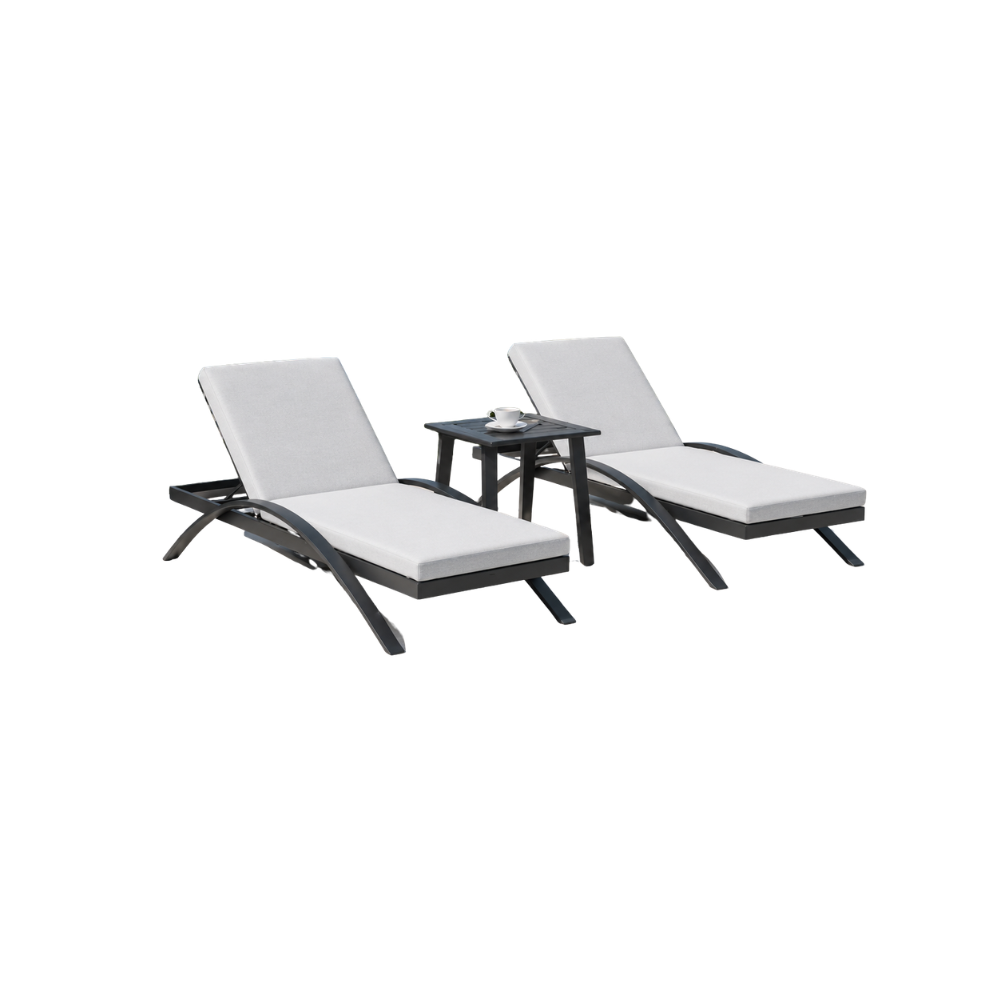3PCS Lounger Set - Aluminum frame, powder coating finish, olefin fabric cushions.Stacking design / SKU: F30US-6 / 16 Sets / $779.10