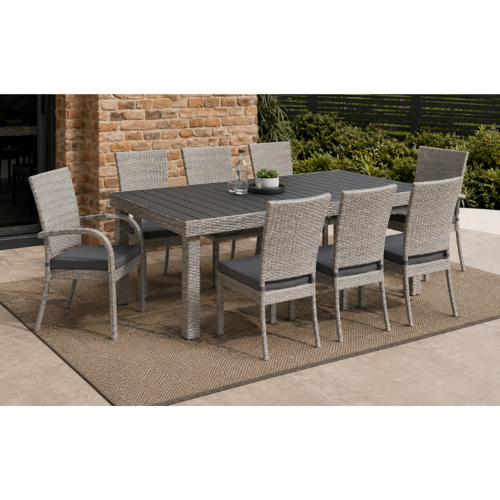 9 PCS Dining Set - Aluminum frame, powder coating finish, PE wicker weaving with olefin fabric cushions / SKU: F30US-7 & SKU: F30US-8 / 20 Sets / $1,164.45 FOB CA