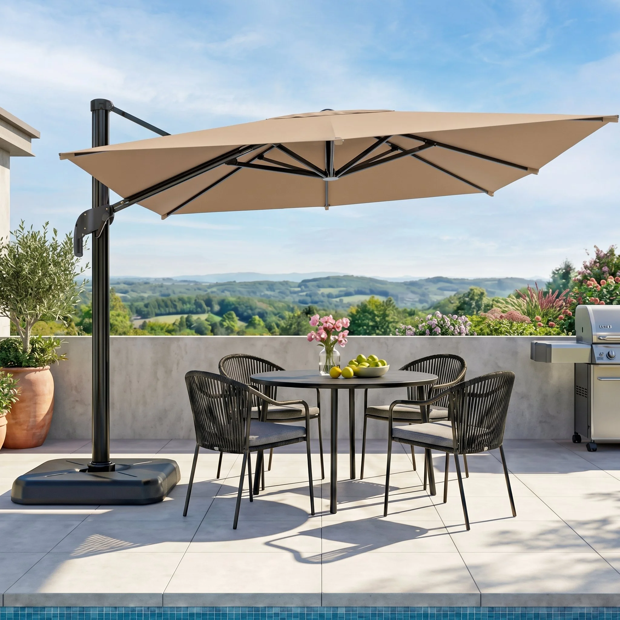 10 FT Cantilever Patio Umbrella / Model 01 / Navy Blue: 23 Stocks | Gray: 25 Stocks | Khaki: 341 Stocks / $139.20 FOB LA
