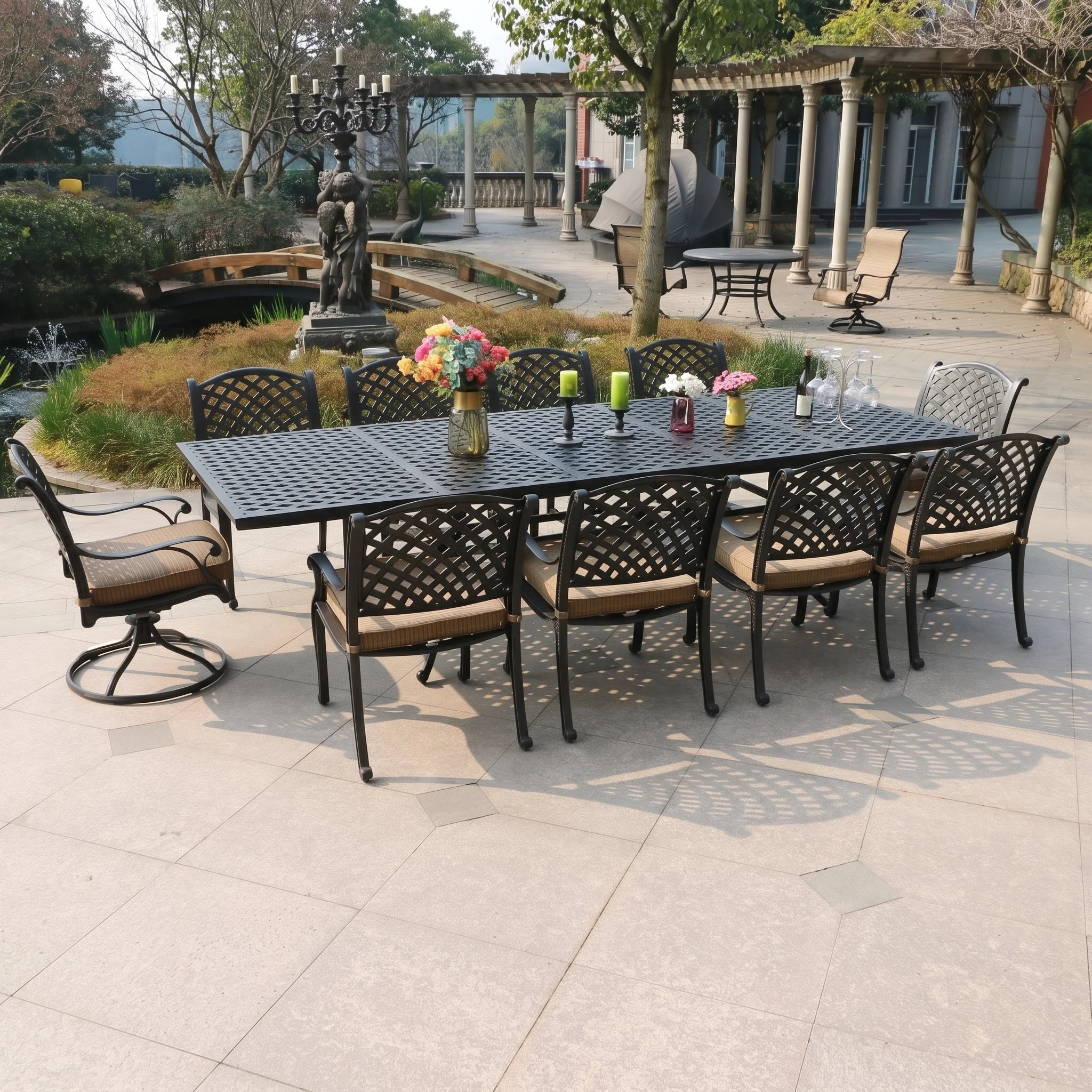 Castle Rock 11-Piece Cushioned Aluminum Dining Set, Extension Table, 2 Swivel Chairs, 8 Arm Chairs