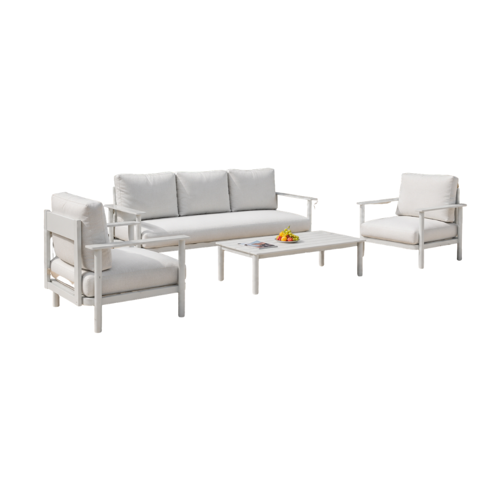 4 PCS Sofa Set - Aluminum frame, Powder coating finish, olefin fabric cushions / SKU: F30US-11 / 26 Sets / $1,561.35 FOB CA