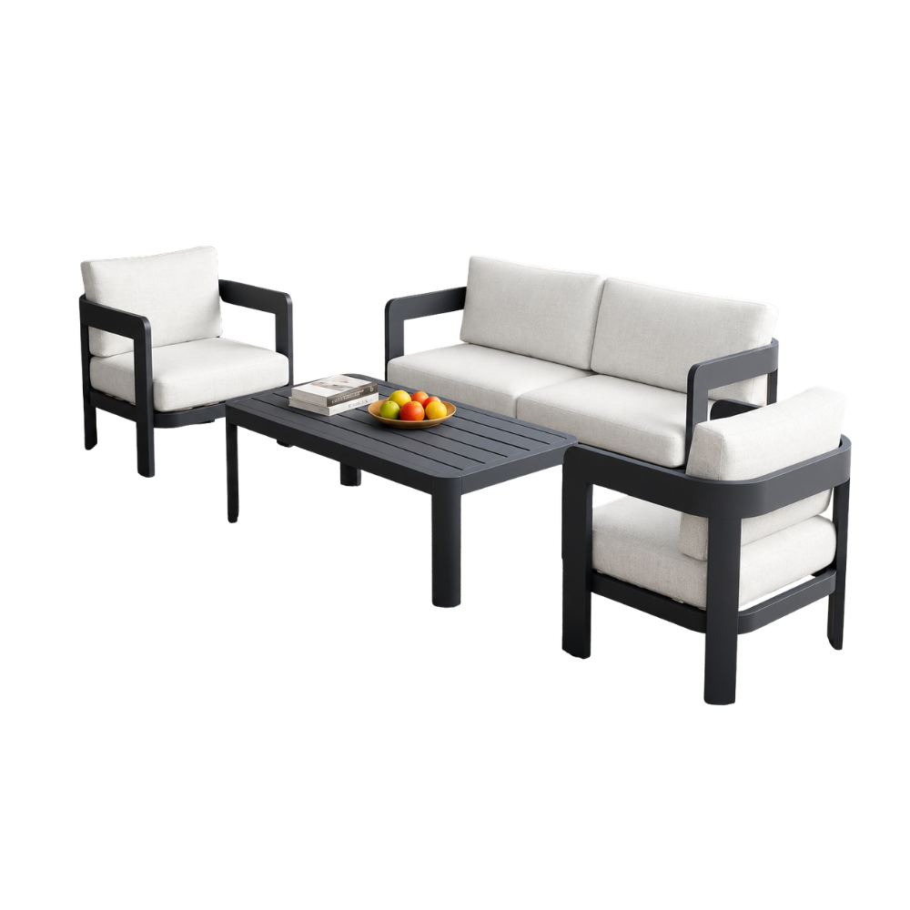 4Pcs Sofa Set - Aluminum frame, powder coating finish, olefin fabric cushions. 4 pcs in one box packing / SKU: F30US-1 / 21 Sets / $1,096.20 FOB CA