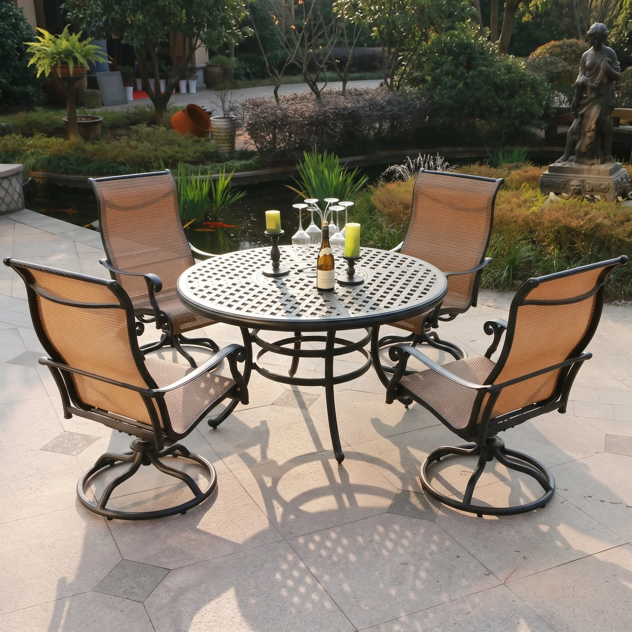 Castle Rock 5-Piece Round Dining Set With 4 Sling Swivel Chairs, Dark Lava Bronze