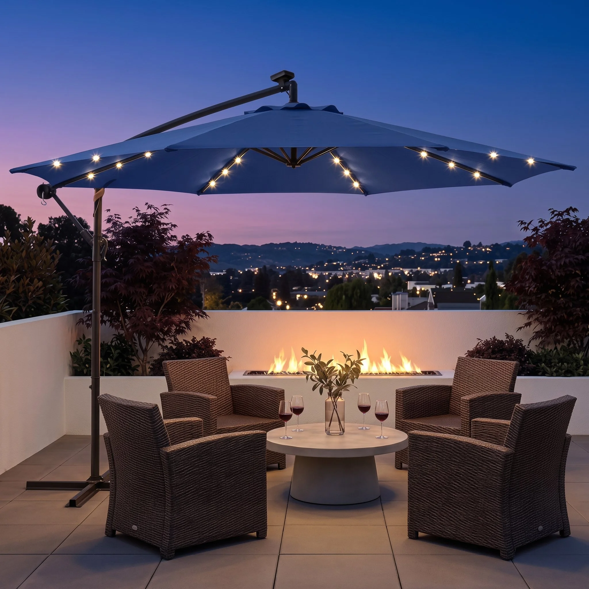 The 10 FT Solar LED Cantilever Patio Umbrella / Model 02 / Navy Blue: 99 Stocks | Gray: 80 Stocks | Khaki: 100 Stocks | Brick Red: 0 Stocks | Turquoise: 60 Stocks / $42 FOB LA