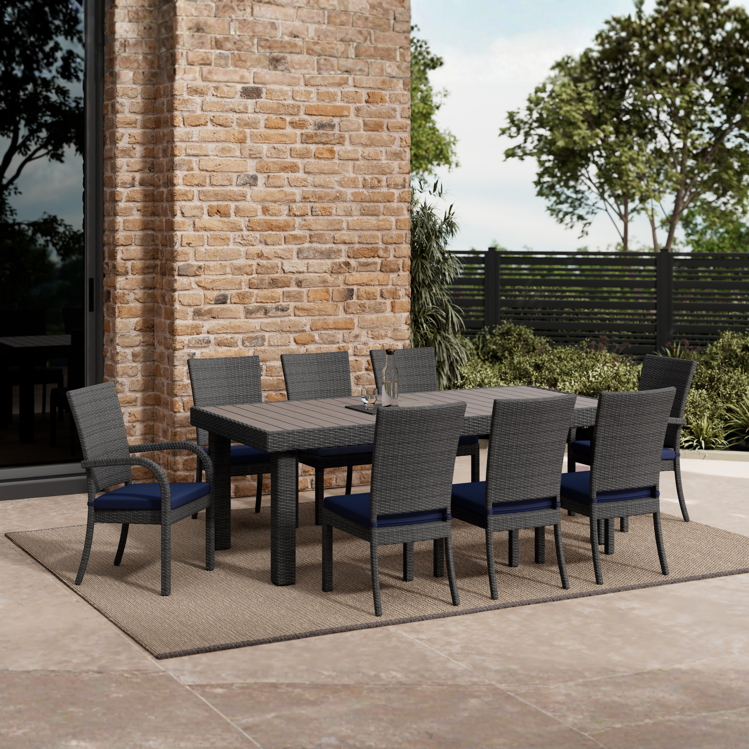 Montauk 9-Piece Outdoor Patio Woven Dining Set with Navy Blue Cushions / HA-1101-DSE / 8 Sets / $1,302.00 FOB CA