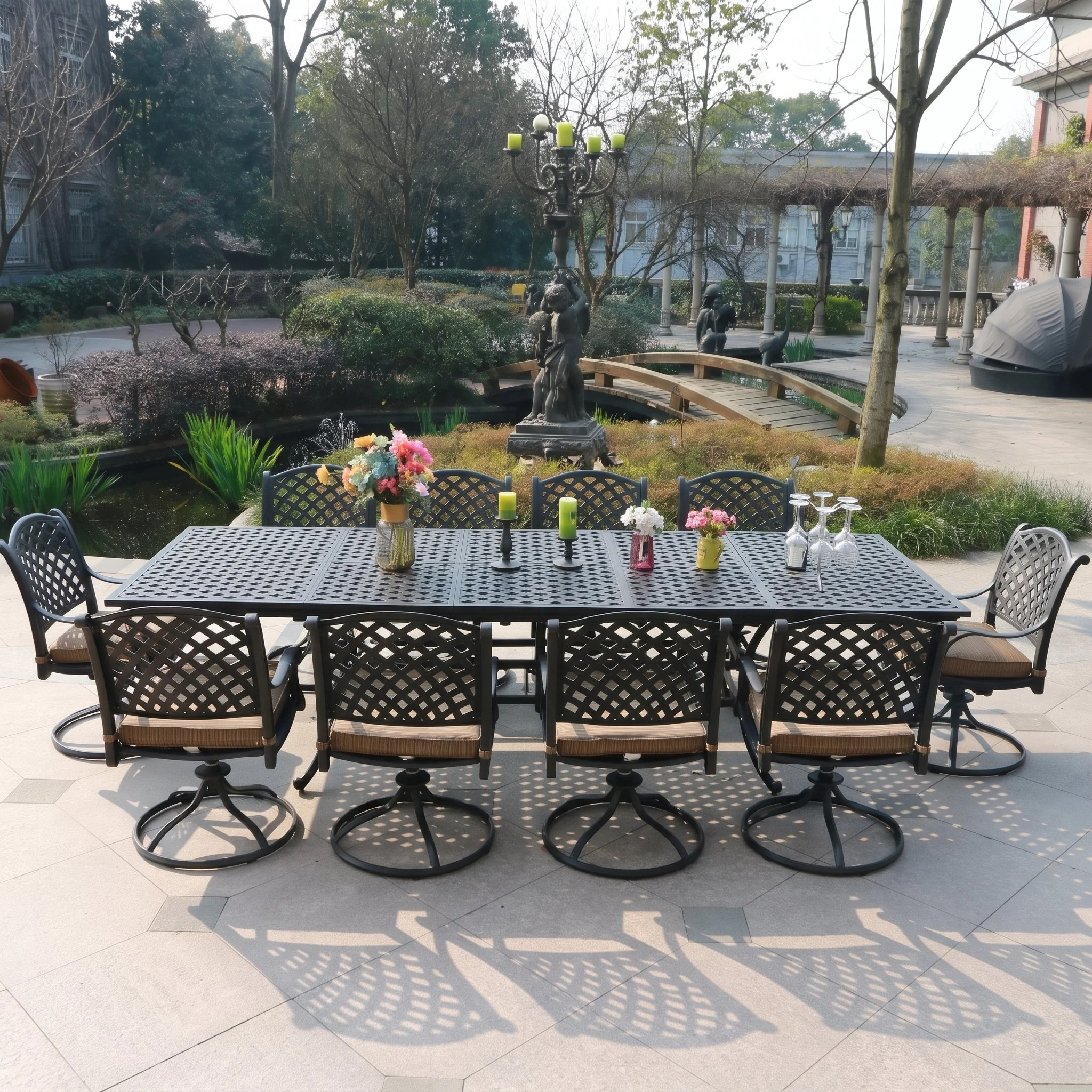 11-Piece Aluminum Dining Set With 10 Cushioned Swivel Chairs