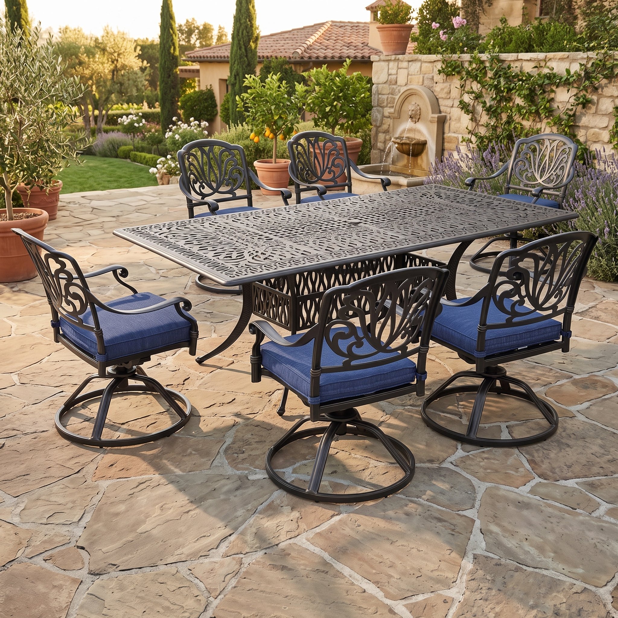 Geneva 7-Piece Aluminum Dining Set With 6 Cushioned Swivel Dining Chairs