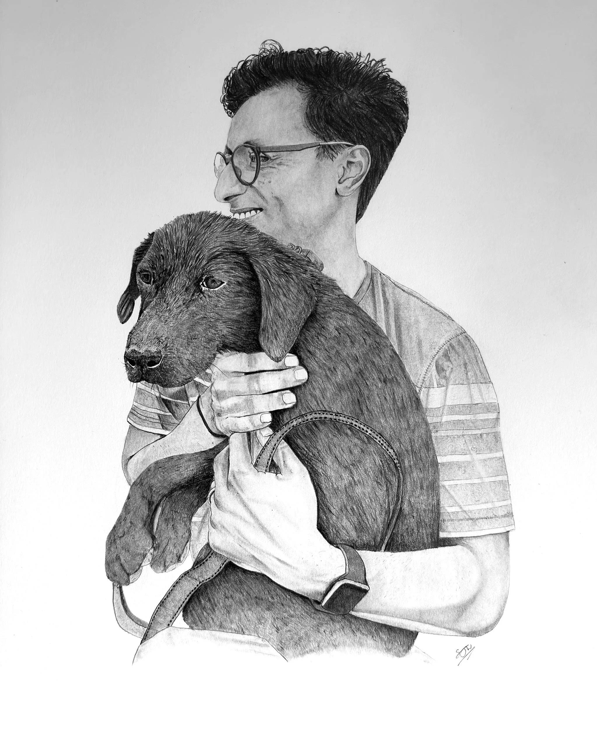 Detailed hand-drawn pet portrait graphite pencil drawing of a person holding a dog, smiling while looking to the side. The person wears glasses, a striped shirt, and a wristwatch.