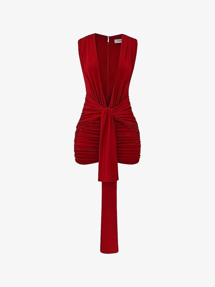 Red sleeveless dress with deep v-neck and ruched waist.