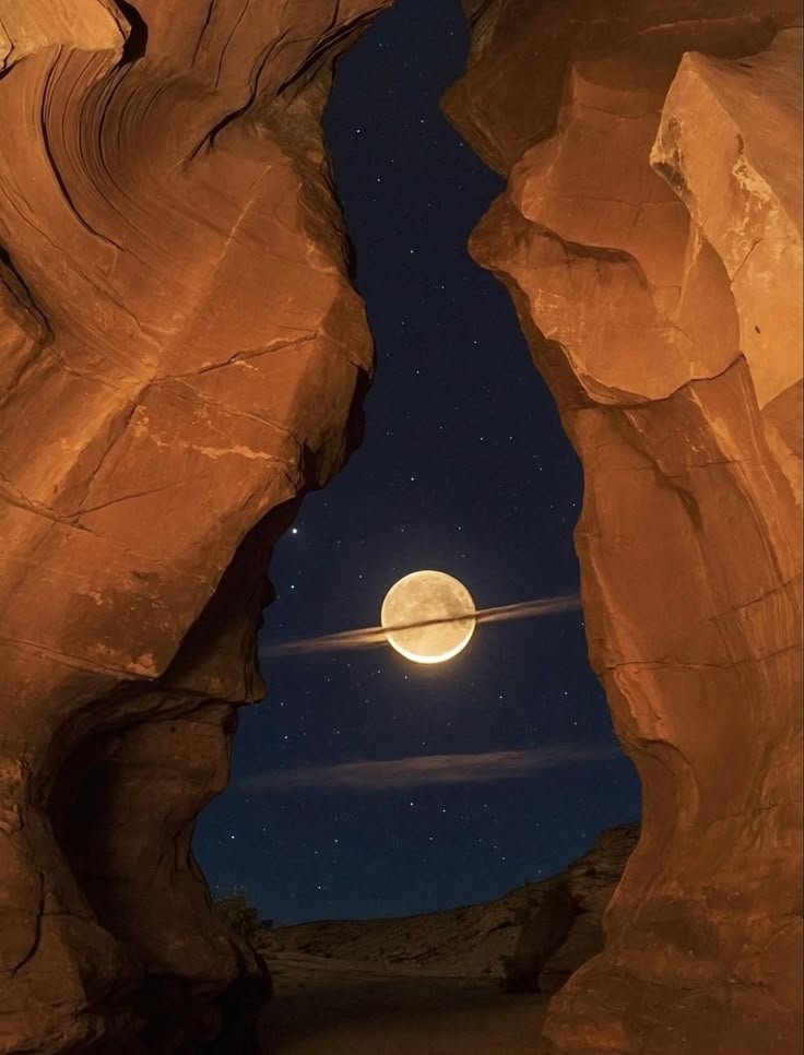A landscape view of a rock canyon at night framing a full moon with a thin cloud appearing as a ring around it, resembling Saturn, with stars visible in the sky.