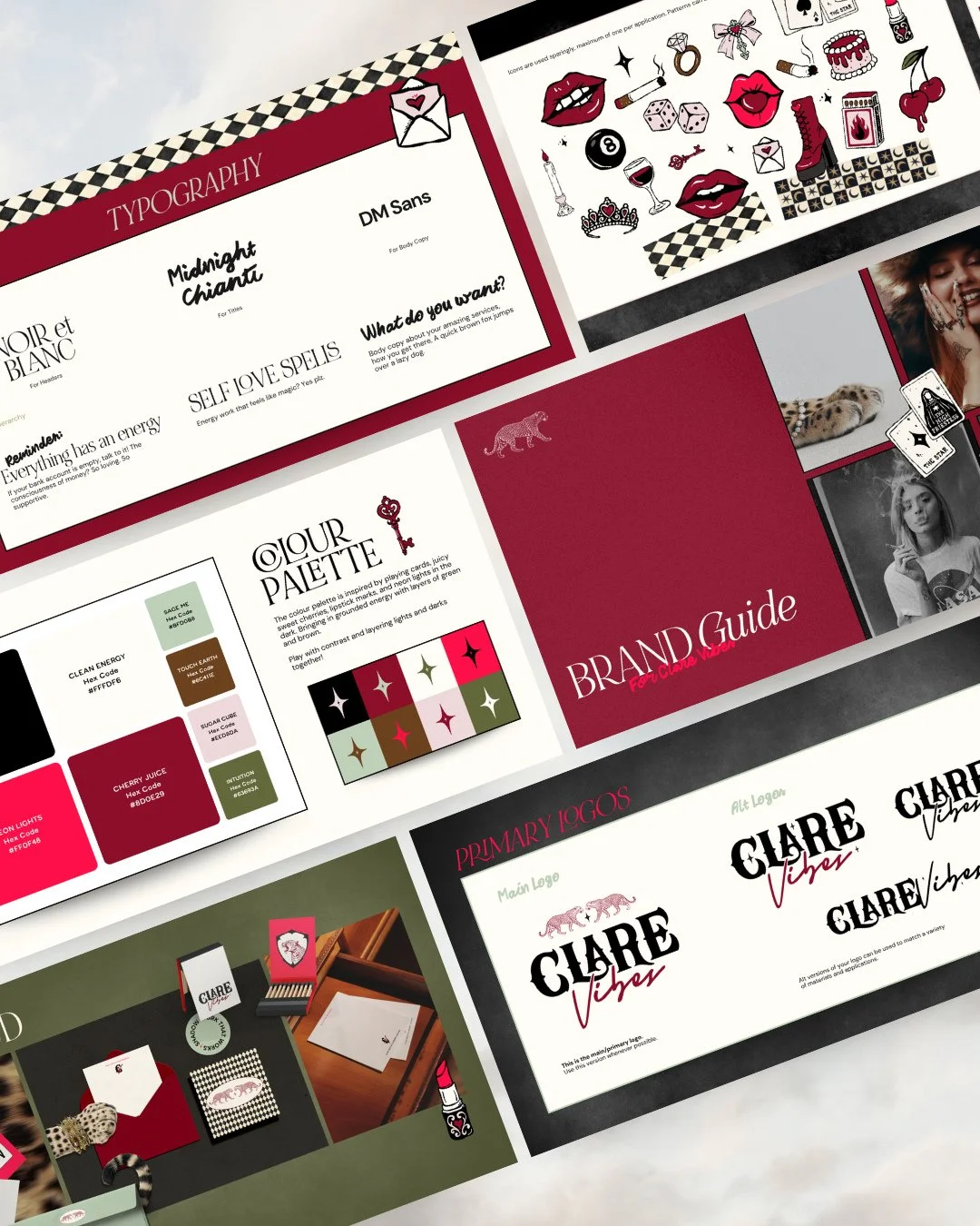 Clare Vibes is the big-sister bad bitch energy brand for women stepping into their confident, magnetic era.⁠
⁠
Her identity blends sultry, rebellious, high-feminine visuals with a wink of playfulness and edge. Think red lipstick, leopard print, cherr