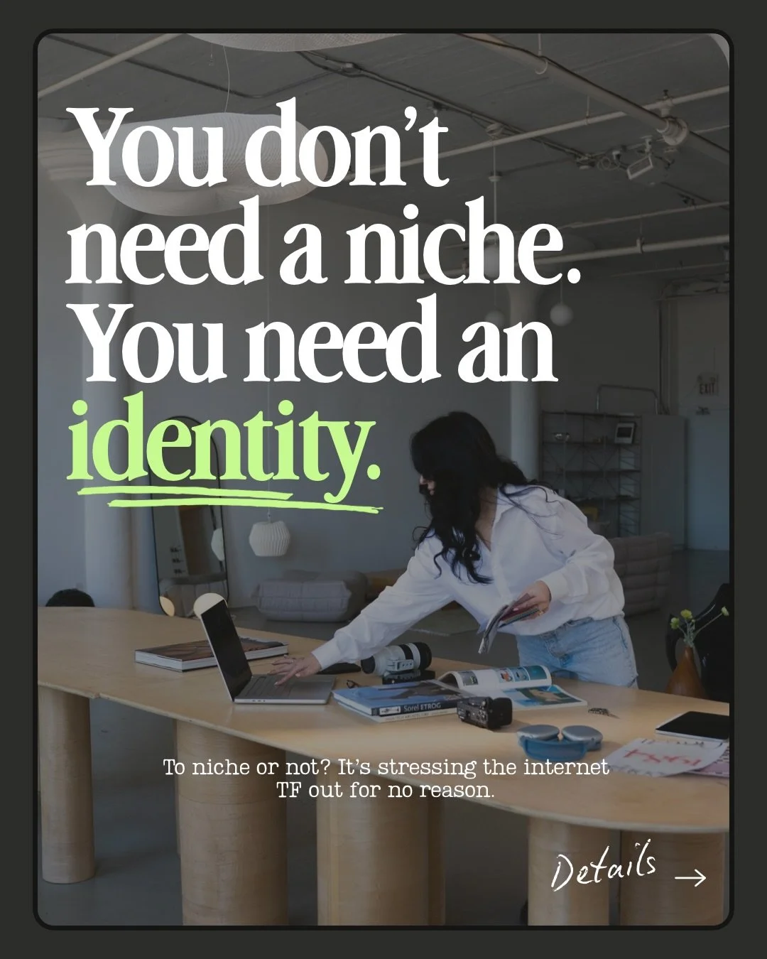 If niching feels impossible, it&rsquo;s not because you&rsquo;re just &ldquo;too multi-passionate&rdquo; (as if!) 

It&rsquo;s because no one&rsquo;s helped you articulate your true identity.

Because you&rsquo;re still speaking to the idea of an aud