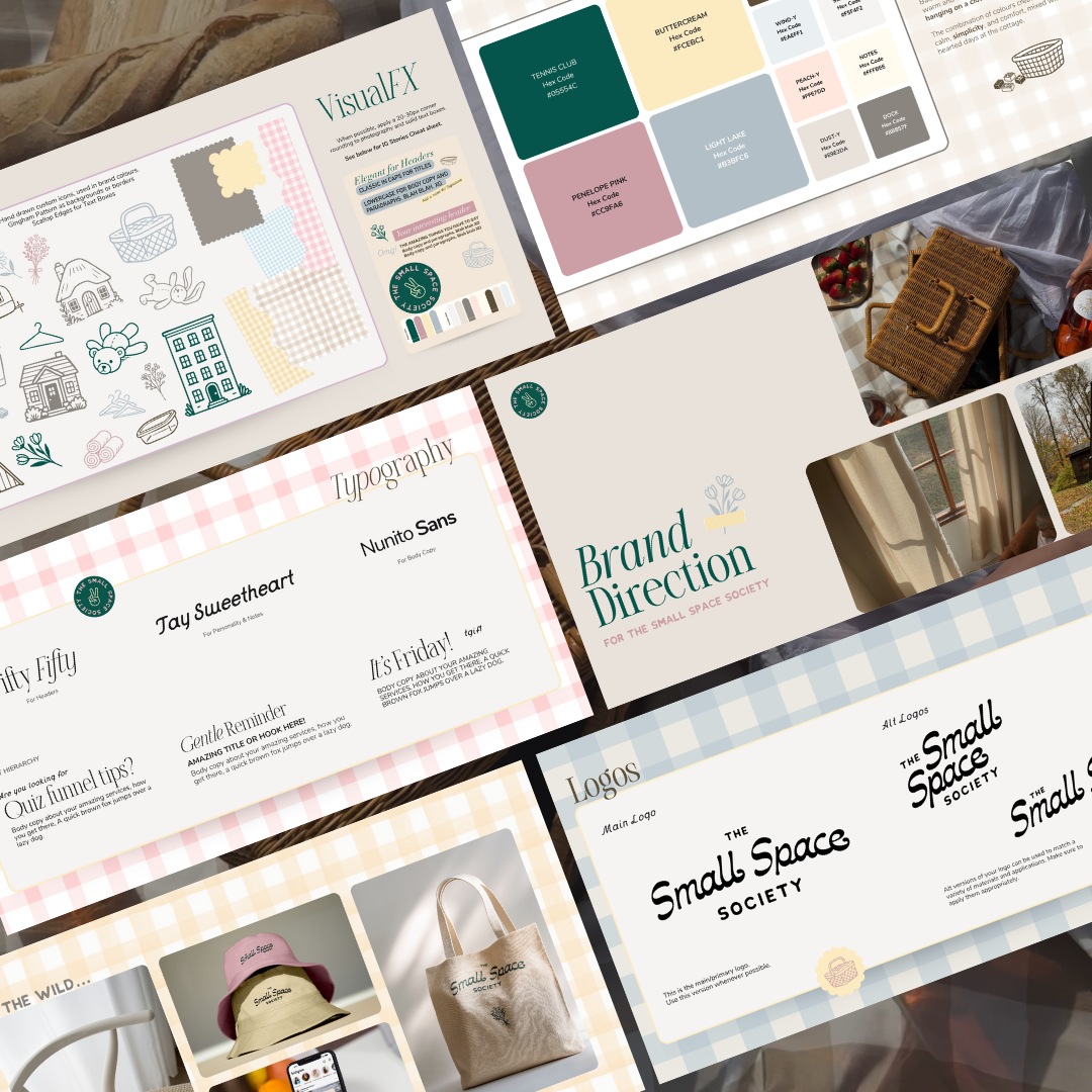 A collection of design and branding materials including a color palette, typography samples, logo concepts, and promotional graphics for 'The Small Space Society.'
