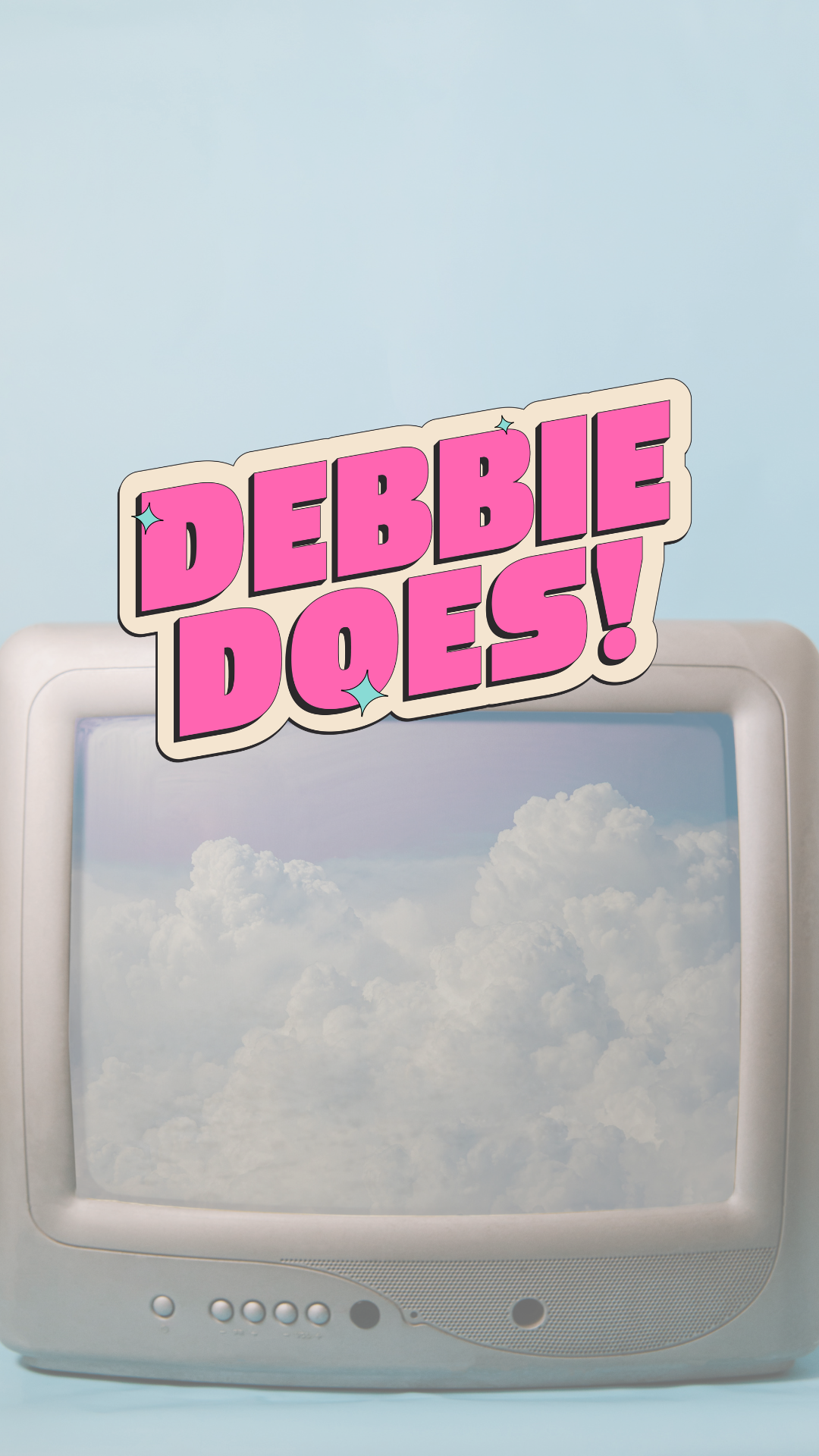 A retro-style television displaying clouds with a sticker on top that reads 'Debbie Doodles' in pink block letters with small star accents.