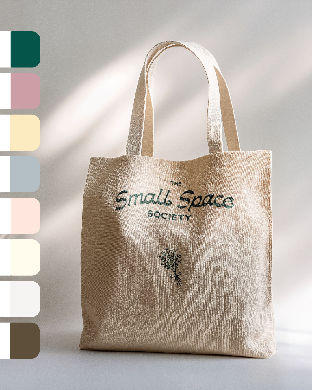 Beige tote bag with black text reading 'The Small Space Society' and a small illustration of a plant, illuminated by soft natural light.