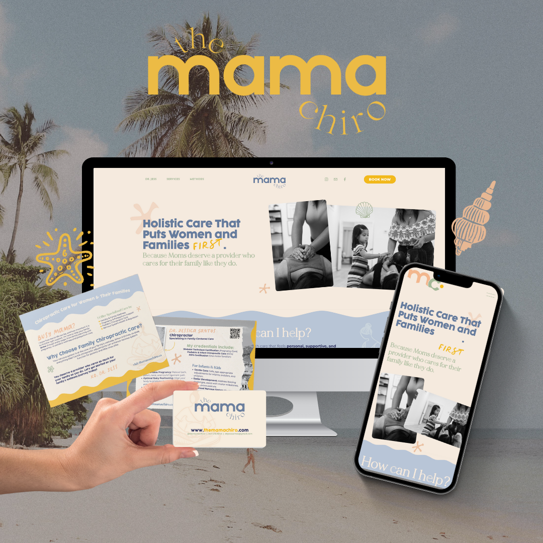 A collage of promotional materials for The Mama Chiro, a holistic chiropractic care provider for women and families, displayed on a computer monitor and smartphone. The background features a beach with palm trees.