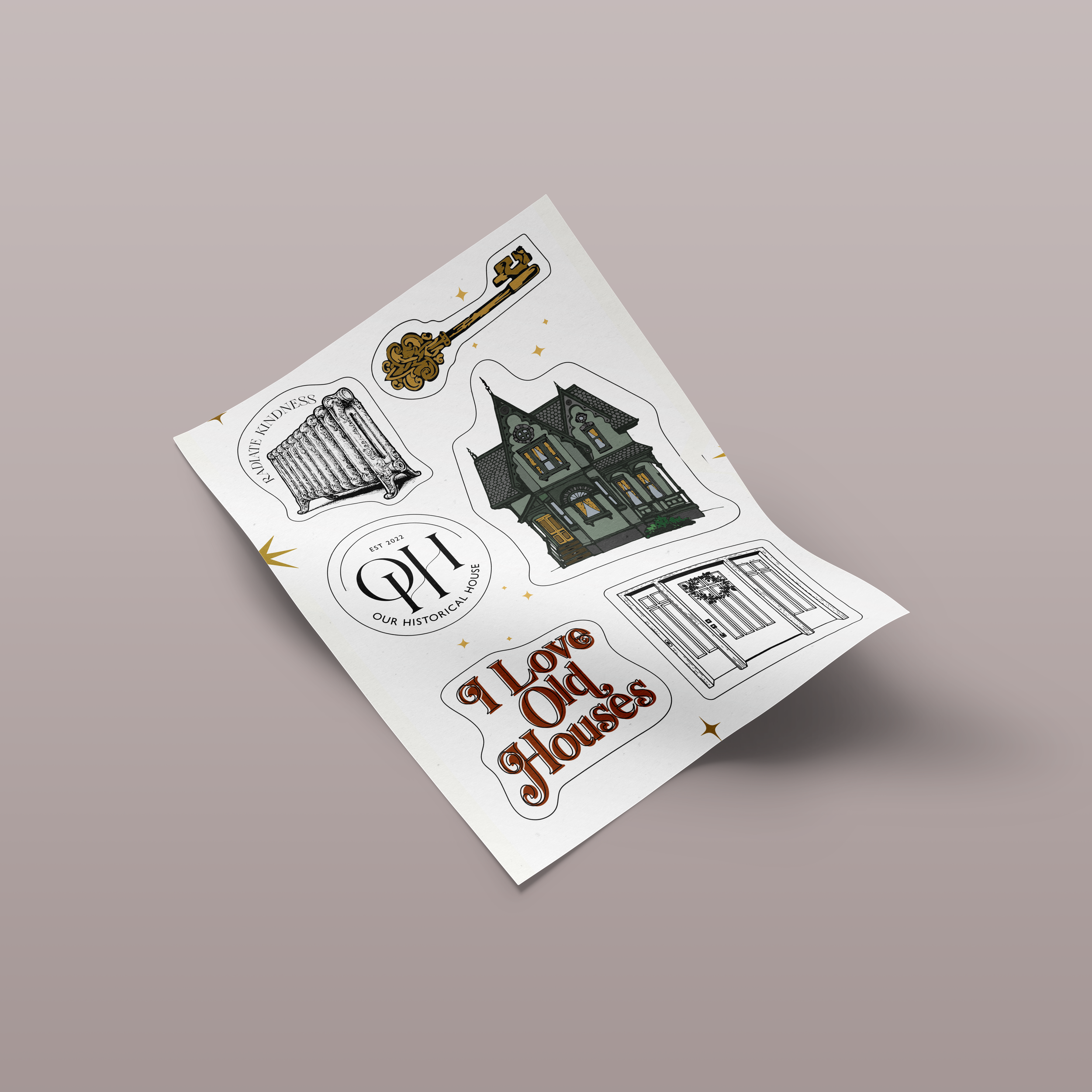 A flyer or poster featuring illustrations of old houses, a key, a radiator, and decorative text that says 'I Love Old Houses', with a soft gradient background.