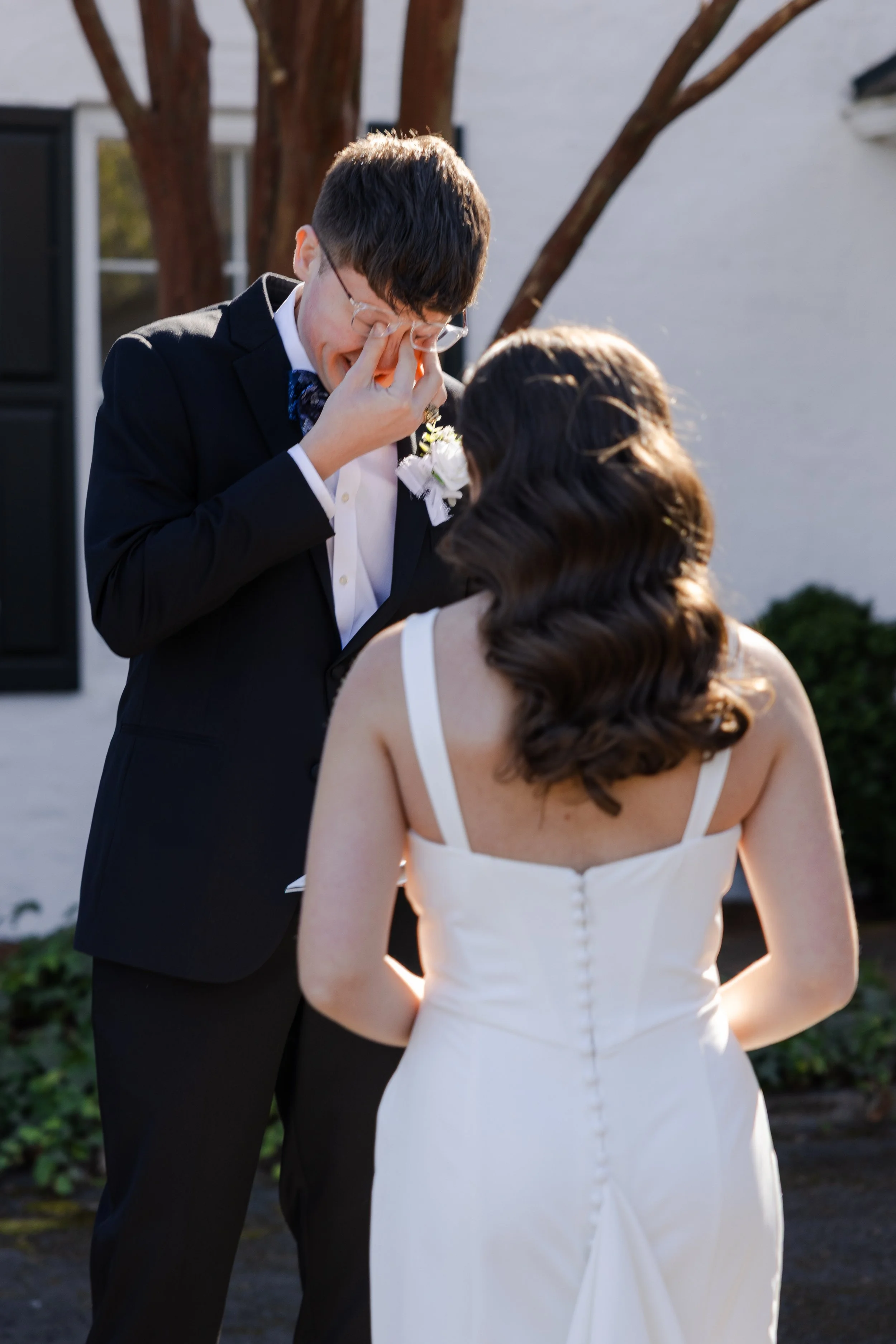 Groom crying during his first look at The Barn at Sitton Hill in Easley, South Carolina