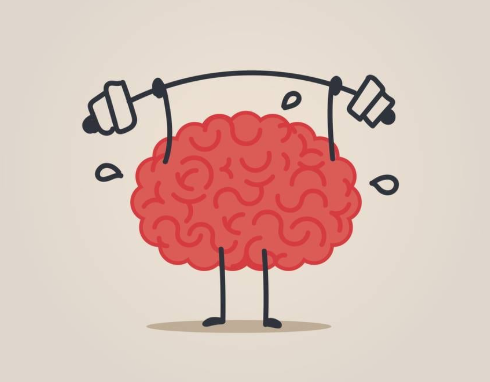A brain-shaped cartoon character with arms lifting a barbell overhead