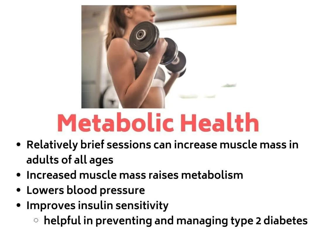 A visual diagram showing how strength training helps to improve metabolic health.