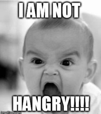 A meme showing a baby with an angry face with text in all caps reading "I AM NOT HANGRY"