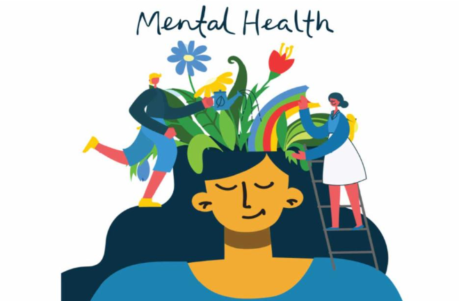 The words "Mental Health" above a colorful cartoon graphic including flowers and rainbows