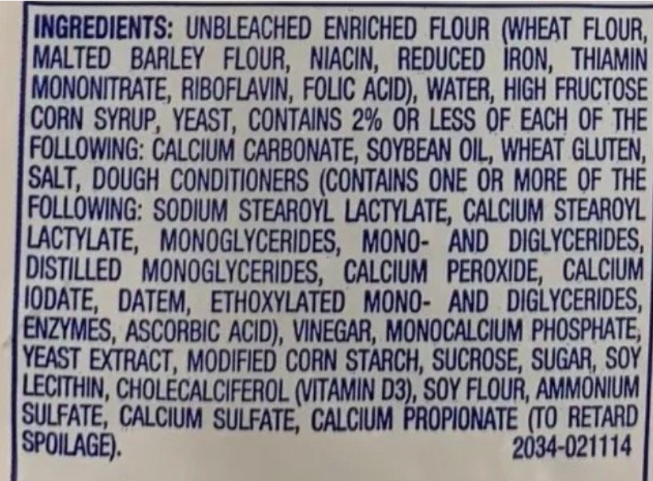 A long ingredient list, including "unbleached enriched flour, high fructose corn syrup, and calcium sulfate"