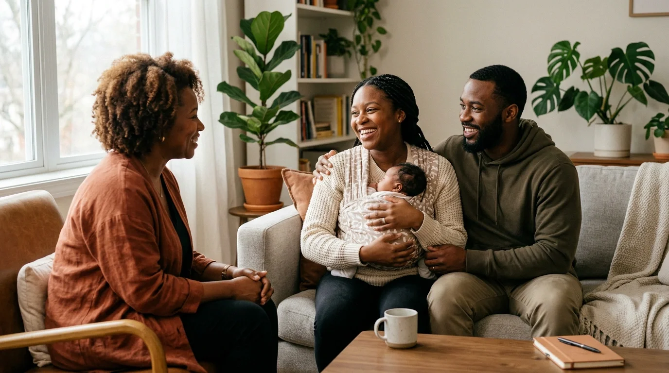 A smiling woman holding a sleeping newborn on her chest, sitting on a couch next to a man, with another woman sitting across from them in a cozy living room setting.