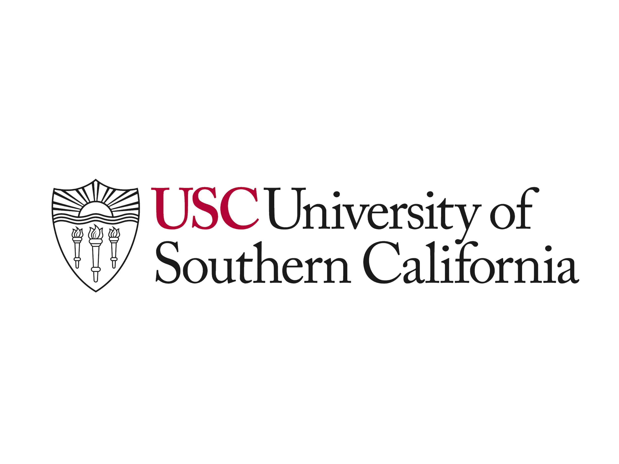 U.S.C. University of Southern California logo with a shield emblem featuring a rising sun and three torches.