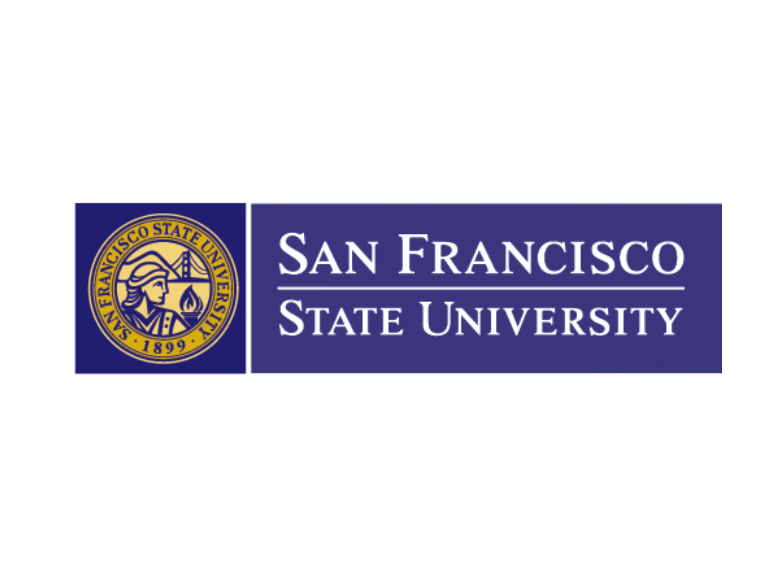 Logo of San Francisco State University, featuring a seal with a woman and a bridge, alongside the university name.
