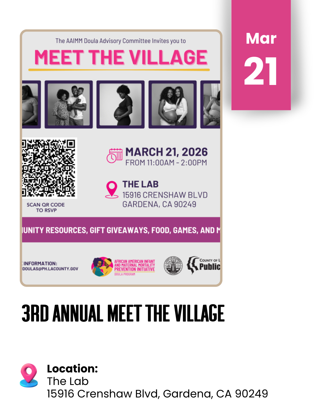 Invitation flyer for the 3rd Annual Meet the Village event, scheduled for March 21, 2026, from 11:00 AM to 2:00 PM at The Lab, 15916 Crenshaw Blvd, Gardena, CA. The flyer features black-and-white photos of diverse pregnant women and families, with te