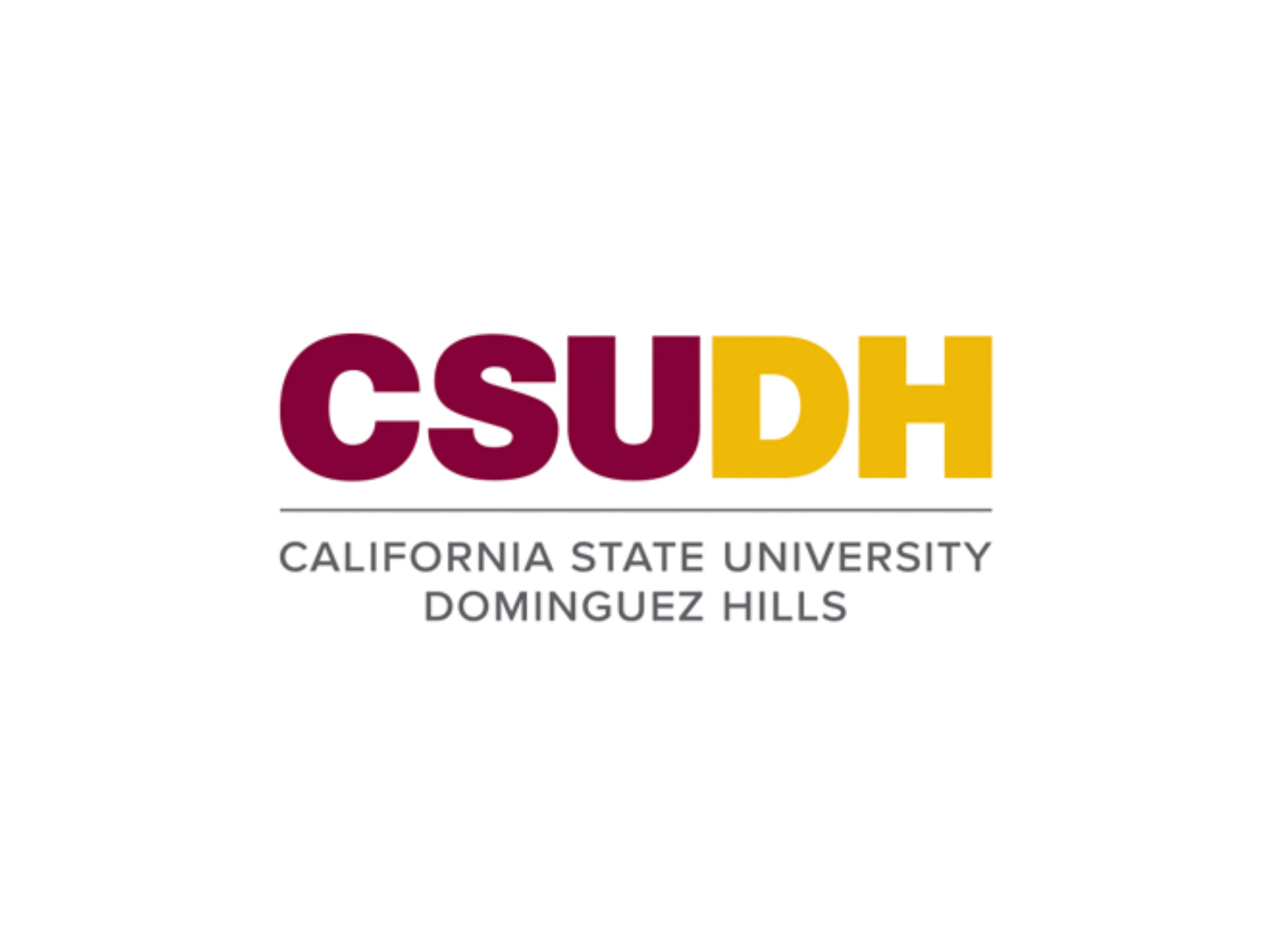 Logo of California State University, Dominguez Hills, with initials CSUDH in large maroon and gold letters and the university name underneath.