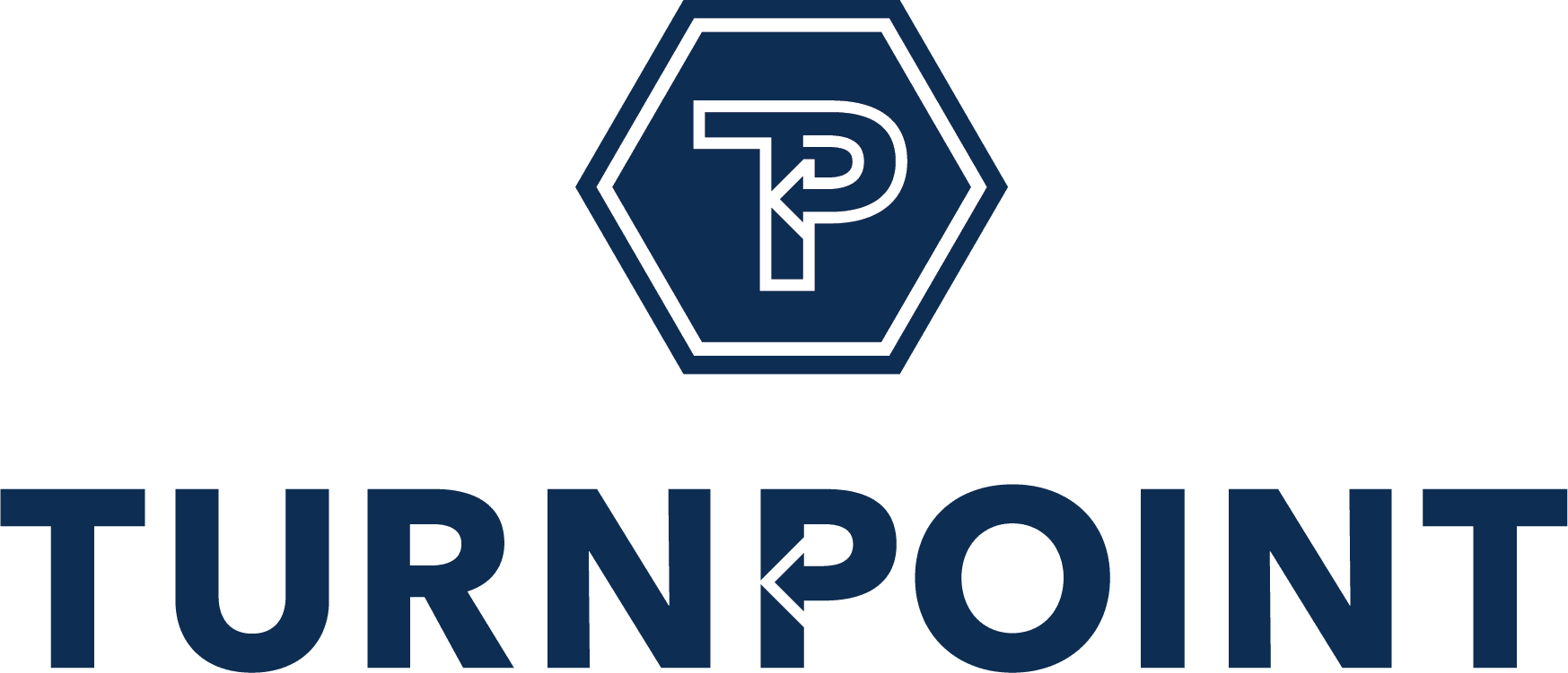 Turnpoint logo featuring a blue hexagon with white outline and a white stylized letter 'T' and arrow inside, accompanied by the word 'TURNPOINT' in bold blue letters.