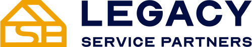 Legacy Service Partners logo with black and gold house graphic and blue text