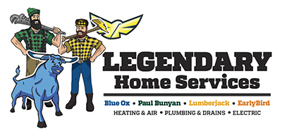 Logo for Legendary Home Services featuring two cartoon men, a blue goat, and a yellow bird with text listing services such as heating, air, plumbing, drains, and electric.