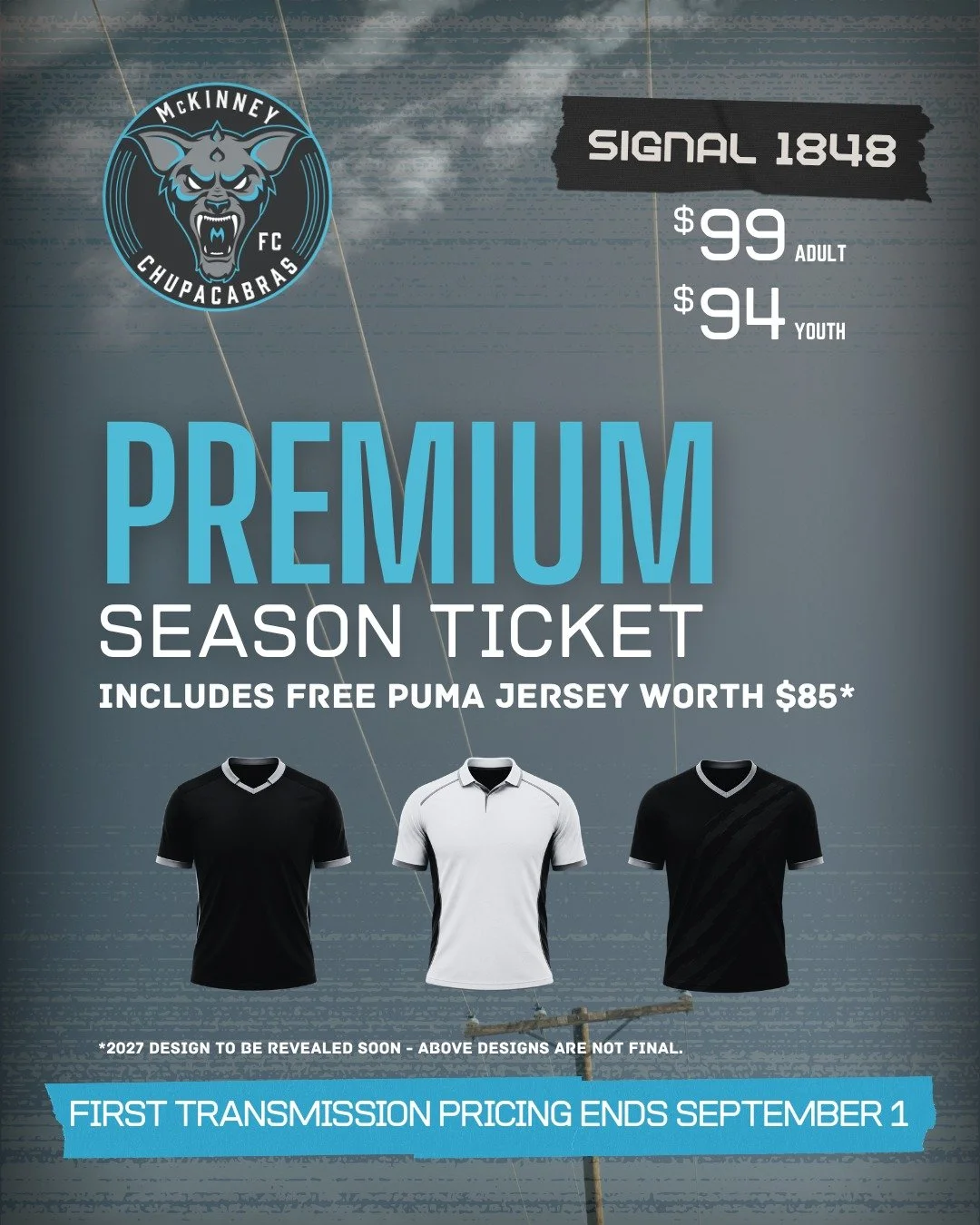 FREE PUMA JERSEY! 🆓

Lock in your 2027 Premium Season Ticket for $99 Adult / $94 Youth - and get a FREE PUMA jersey worth $85!

First Transmission pricing ends September 1. ⏳️