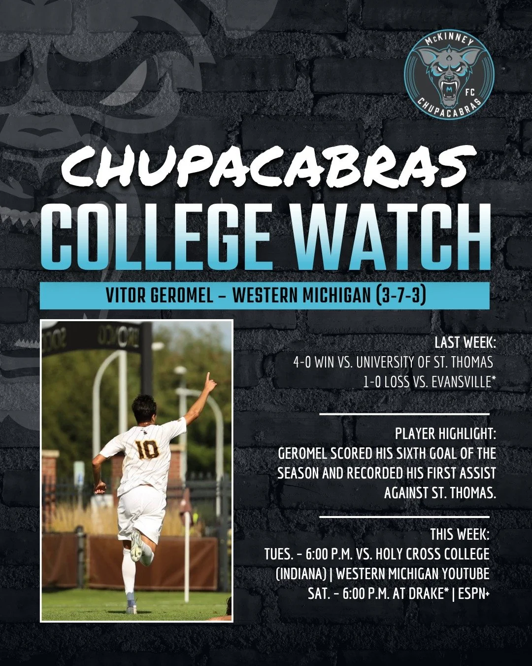 Vitor Geromel scored his sixth goal of the season and recorded his first assist in Week 8 for our collegiate Chupacabras. 🔥

And for more on last week&rsquo;s results, read the full College Roundup on our website. 📲