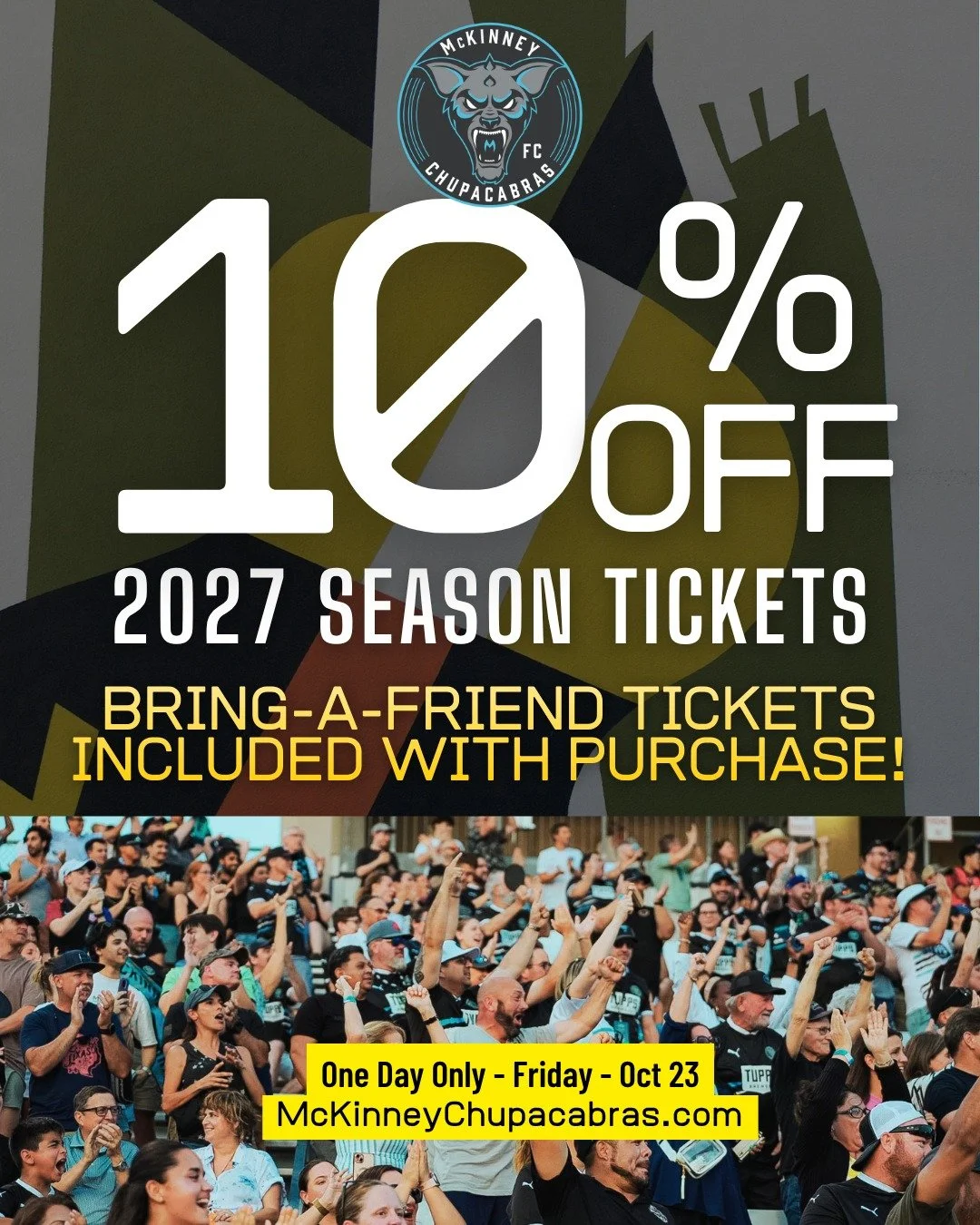 Bring a friend. Share the cheers. Make memories. 💙

Your 2027 Season Tickets include Bring-a-Friend tickets - because matchdays are better together! Celebrate two years of Chupacabras with 10% OFF TODAY ONLY, starting at just $53. 📲