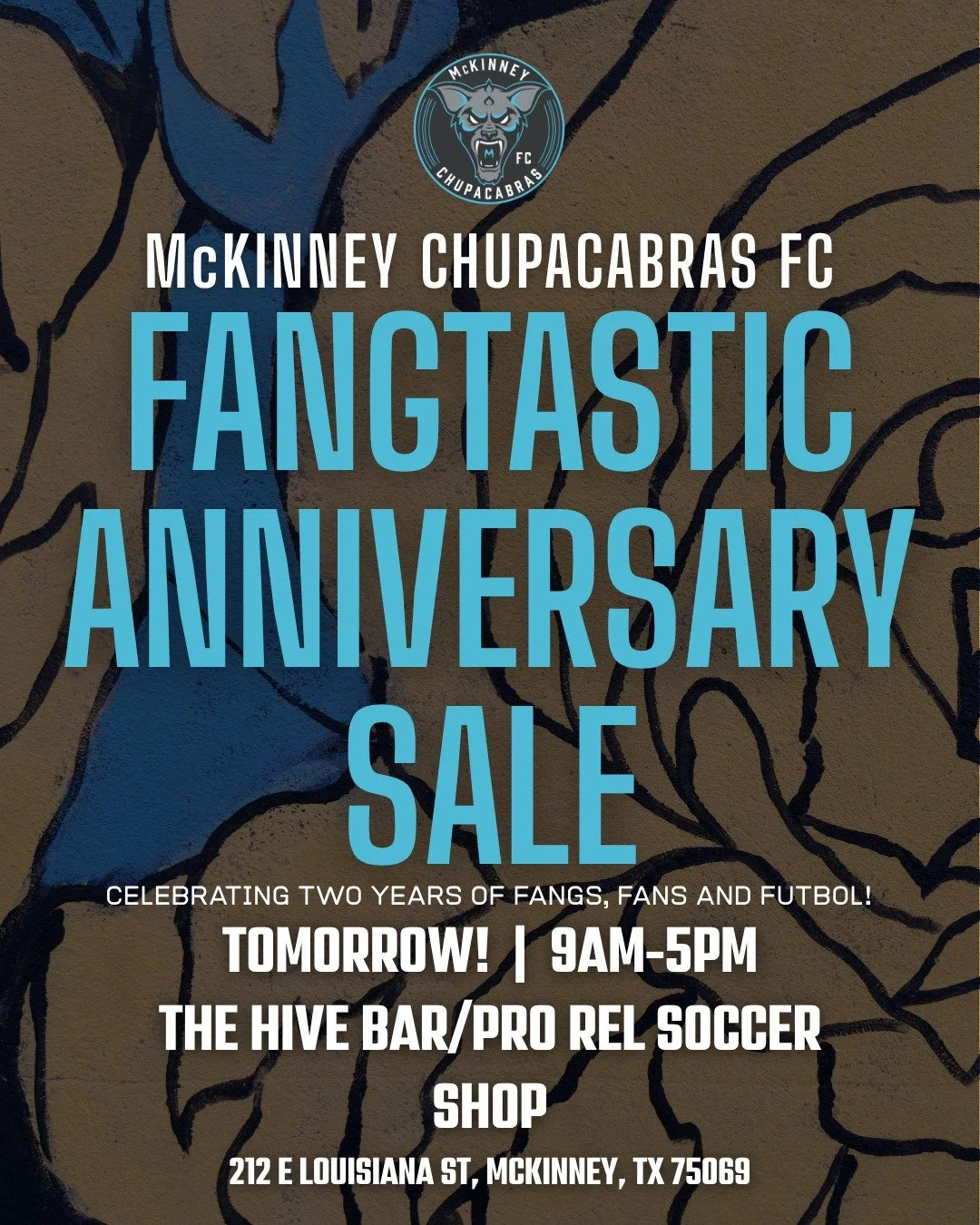 🚨 TOMORROW! 🚨

Join us for our FANGtastic Anniversary Sale with $10 T-shirts, savings of up to $40 on jerseys, and more! Bring a friend, catch up with fellow fans, and take home some Chupa gear.

⏰ - 9AM-5PM
📍 - 212 E Louisiana St, McKinney