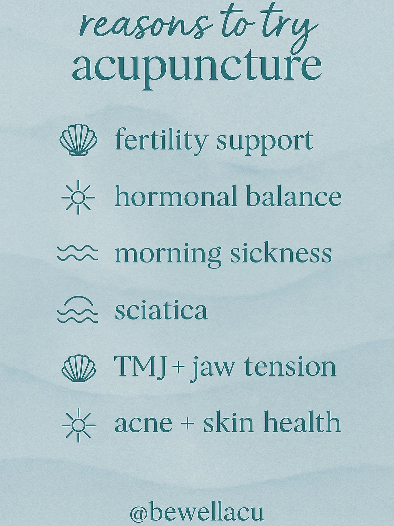 Need a reset? 🌞✨
Acupuncture supports way more than you think:

🌸 Fertility &amp; hormones
🌊 Morning sickness relief
🌿 Sciatica + nerve pain
🐚 Jaw tension + TMJ
💖 Skin health + glow 

Feel better, naturally &mdash; come see us at @bewellacu 💆&
