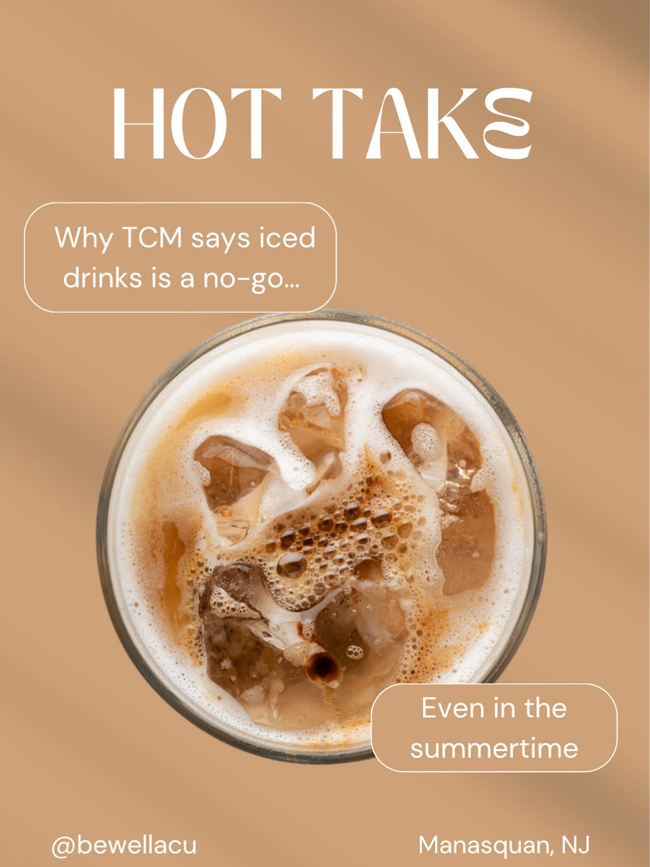 Hot take: Acupuncture &gt; Iced Coffee 😌✨

In Traditional Chinese Medicine, too much of cold or raw foods, like salads 🥗, smoothies🧋, ice cream 🍦and even ice in your drinks can become a disruptor to your digestion and internal balance&hellip; eve