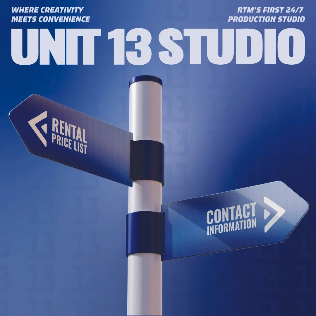 Signpost with two arrows pointing in opposite directions; one reads 'Rental Price List,' and the other reads 'Contact Information'; blue background; text overlaid with 'UNT 13 STUDIO' and promotional phrase.