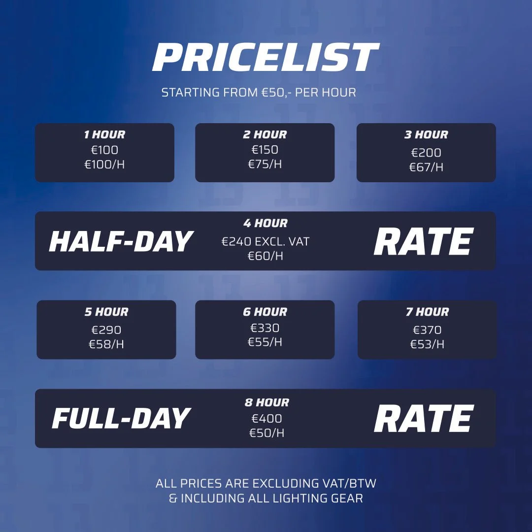 Price list for lighting gear starting at €50 per hour, with rates for 1 to 8 hours, including hourly rates and total prices for half-day and full-day rentals, excluding VAT and including all lighting gear.