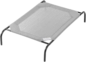 A metal dog bed or cot with a mesh surface, viewed from above.