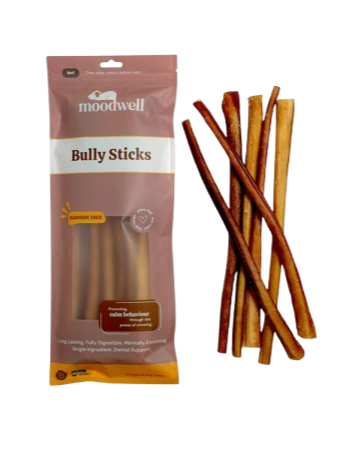 Package of Moodwell Bully Sticks and several bully sticks outside the package.