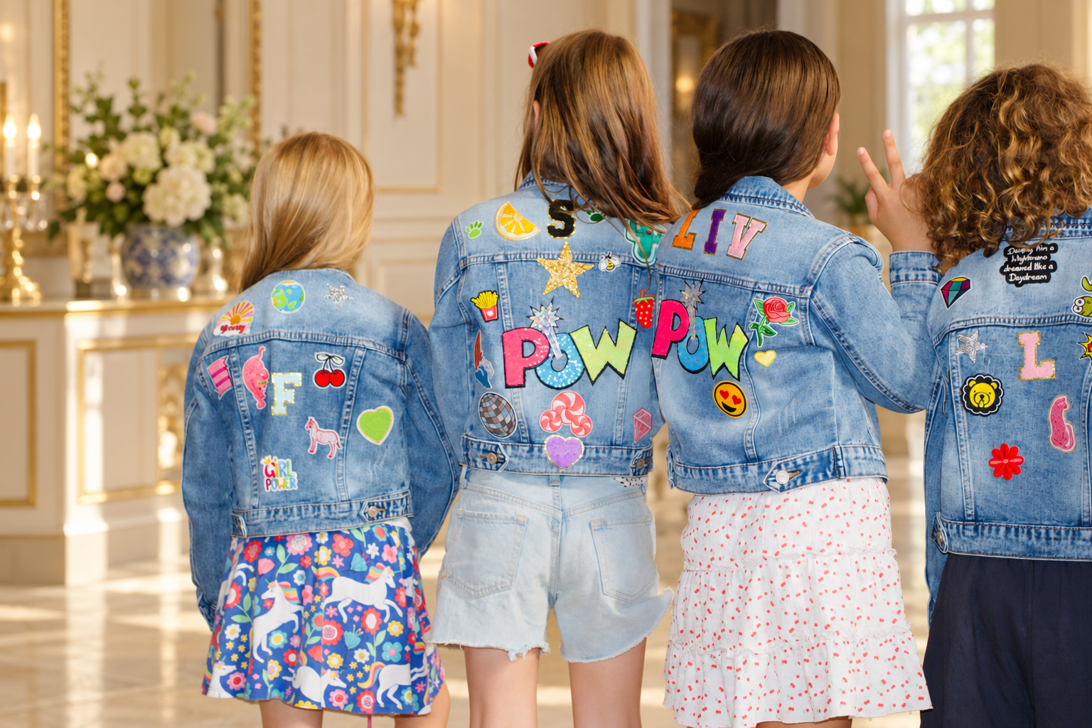 Children showing their finished denim jackets with colourful letters, stars and playful patches at a Luvlybubbly craft party.