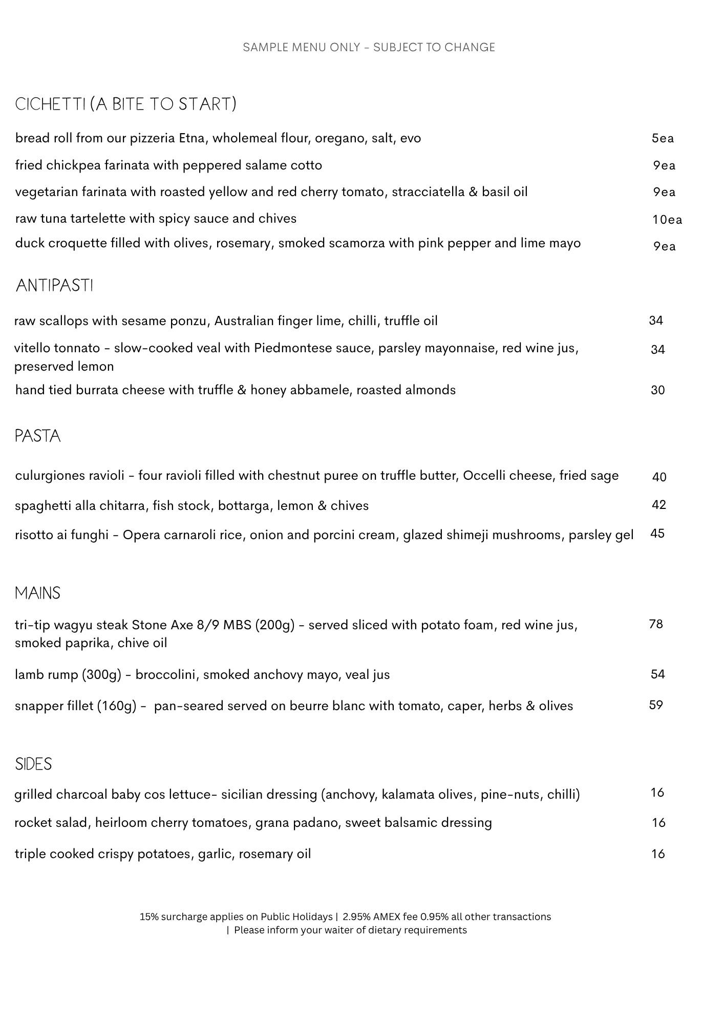 Rosmarino Italian Restaurant Menu Fortitude Valley