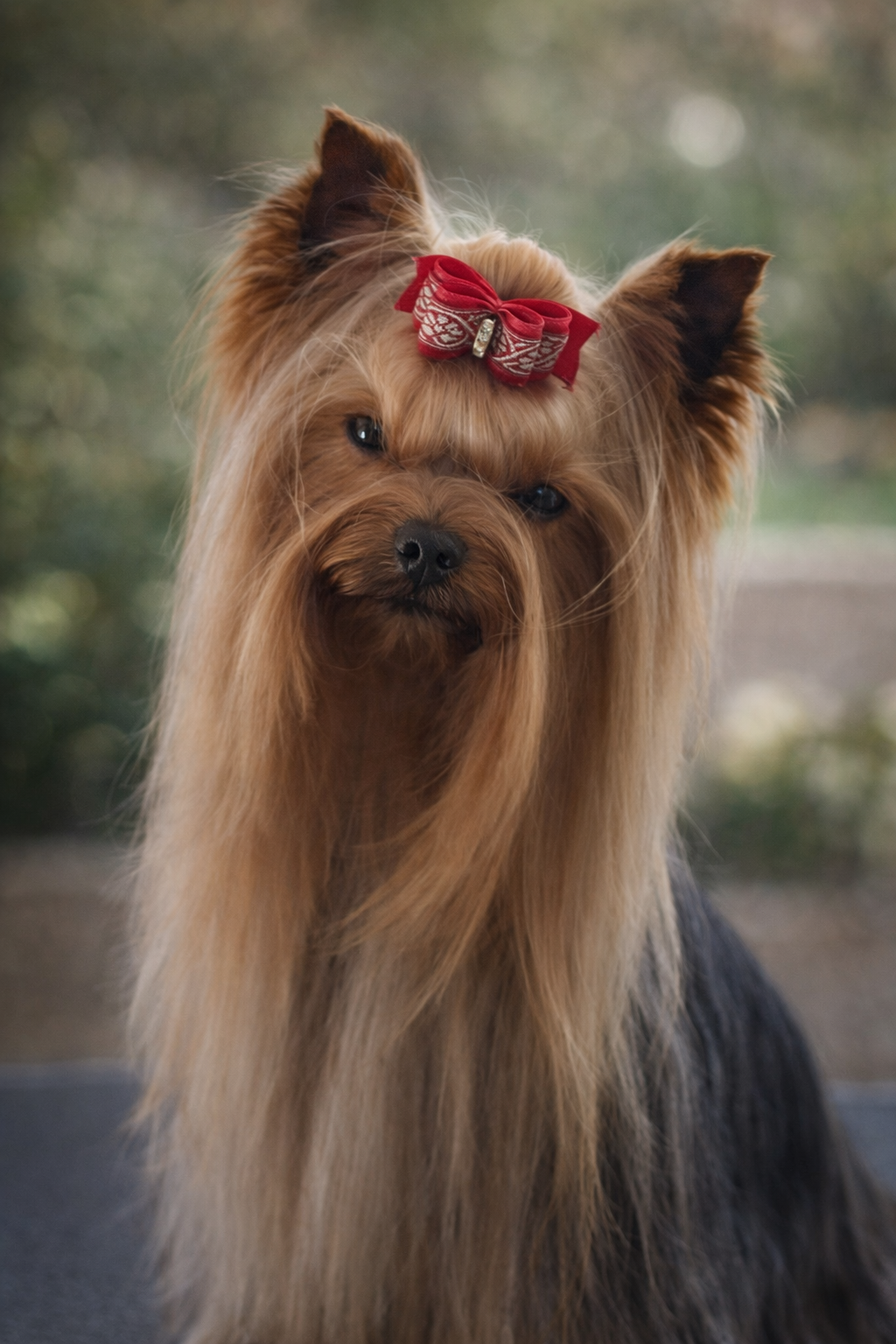 AKC Grand Champion Silver Yorkshire Terrier “Charlie” in full show coat with red bow, representing his accomplished show career and retirement from the AKC show ring at Essence of Grace Yorkies
